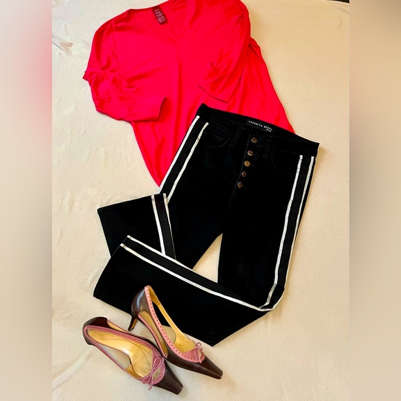 Veronica Beard Black Carolyn Boot Cut Cropped Tuxedo Striped Jeans - Picture 4 of 8